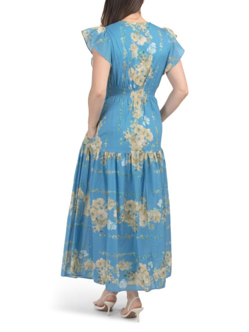 Taylor Blue Floral V Neck Flutter Sleeve Ruffle Maxi Dress Size 10 - Picture 3 of 3